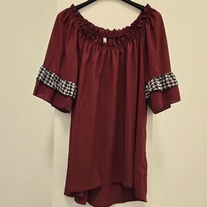 Elegant Crimson and Houndstooth Off-Shoulder Top